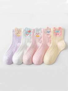 5 Pairs Super Thin Mesh Breathable Cute Pink Rabbit Pattern Children Middle Tube Socks, Summer - Multicolor - View 6