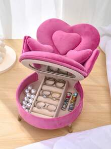 1 Pc Adorable Mini Plush Sofa Shaped Storage Box, Heart Design Gift Box For Women, Suitable For Jewelry, Cosmetics, Electronics Accessories And Jewelry Display - Hot Pink - View 9