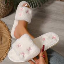 Dép lê nữ mùa Thu/Đông thêu nơ, dép đi trong nhà mềm mại cho mọi mùa, dép quai ngang đế bằng cho nữ, dép đi trong nhà, dép bông. - Tai hồng - Xem 6