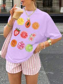 Maglietta casual da donna con spalle ample, scollo tondo e maniche corte, ideale per uso quotidiano