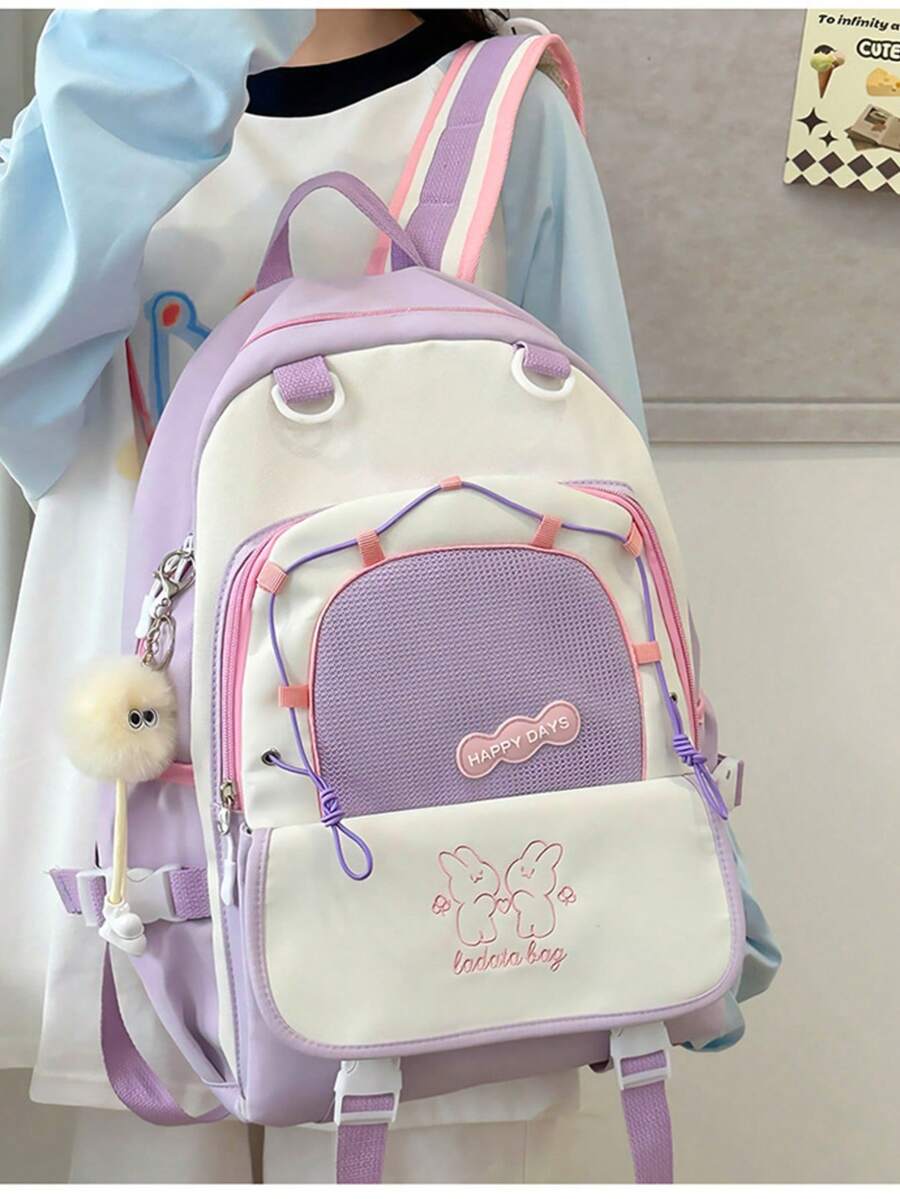 Women Generic School College Backpack Large Capacity Colorful Waterproof With Pompom - Morado - Ver 1