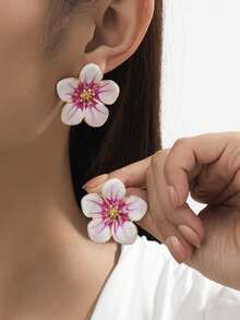 1 对不对称珐琅和珍珠不对称花朵耳钉，闪亮银色星星装饰优雅耳环，适合女士 - 銀色 - 查看 5