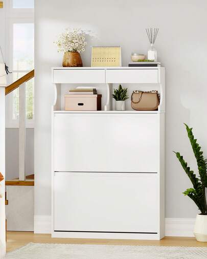 Hzuaneri Scarpiera con 2 ante, ripiano portascarpe, ribaltabile, stretta, 4 scomparti, regolabile, 16 paia, portascarpe per ingresso, corridoio, guardaroba, 80 x 24,5 x 124,5 cm, bianco