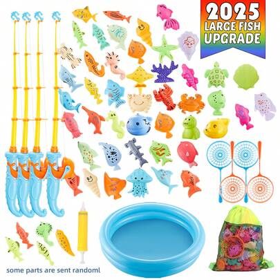 19/36/47/71 件磁性钓鱼游戏玩具套装 - 带水盆、充气泳池、鱼竿、鱼网、塑料浮鱼、彩色海洋动物，适合 3 岁以上男孩和女孩的生日礼物