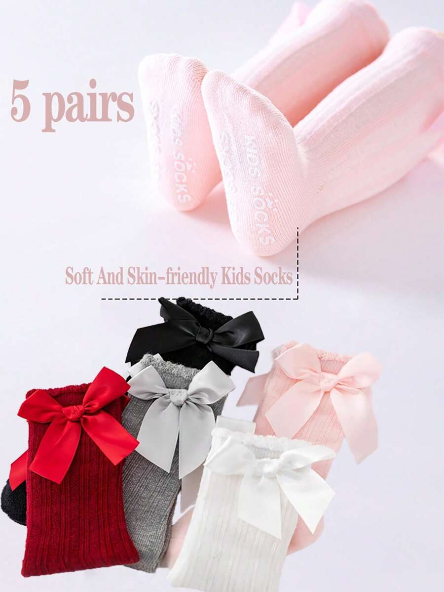 5 Pairs Simple Solid Stripe Kids Long Tube Socks, Non-Slip Ruffle Cuff Toddler Bow Mid-Calf Socks