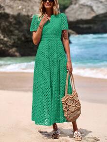 Women's Spring And Summer Maxi Dress Short Sleeve V Neck Hollow Out Eyelet A Line Long Flowy Wedding Guest Beach Vacation Dresses For Women - 綠色 - 查看 3