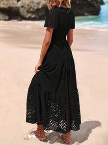 Women's Spring And Summer Maxi Dress Short Sleeve V Neck Hollow Out Eyelet A Line Long Flowy Wedding Guest Beach Vacation Black Dresses For Women - 黑色 - 查看 2