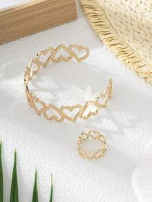 1 套心形手链和戒指，时尚设计珠宝礼物，复古浪漫风格，适合女性，适合旅行和度假 - 金黃色 - 查看 4