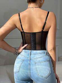 Women's Cropped Corset Top With Lace-Up And Spaghetti Straps, Shapewear For Parties And Nightclubs, Sleeveless Punk Jacket, Cosplay Costume, Cropped Bustier With Tight Fit And Lace, Sexy Corset Tank Top In Tight Mesh. Waist Cinching And Figure Shaping - màu đen - Xem 2