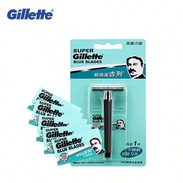 GILLETTE Gillette Super Blue Double Sided Manual Shaver Old Style Razors For Men 1 Holder 6 Blades