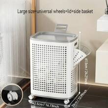 Laundry Basket With Wheels – White & Gray Plastic Hamper With Ventilated Sides For Clothes – Movable Storage Solution For Dorms, Bedrooms, And Bathrooms, Laundry Room Accessories, Laundry Baskets.