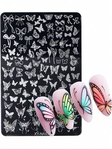 可爱蝴蝶结图案美甲印花板，玫瑰蝴蝶叶子美甲印花板，心形星星月亮蕾丝花卉印花美甲模板转印模具美甲工具