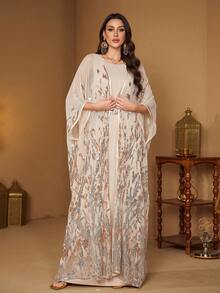 SUPGIR [Random Print] Women's Long Sleeve Sequin Patchwork Waist Tie Evening Dress - Champagne - View 1