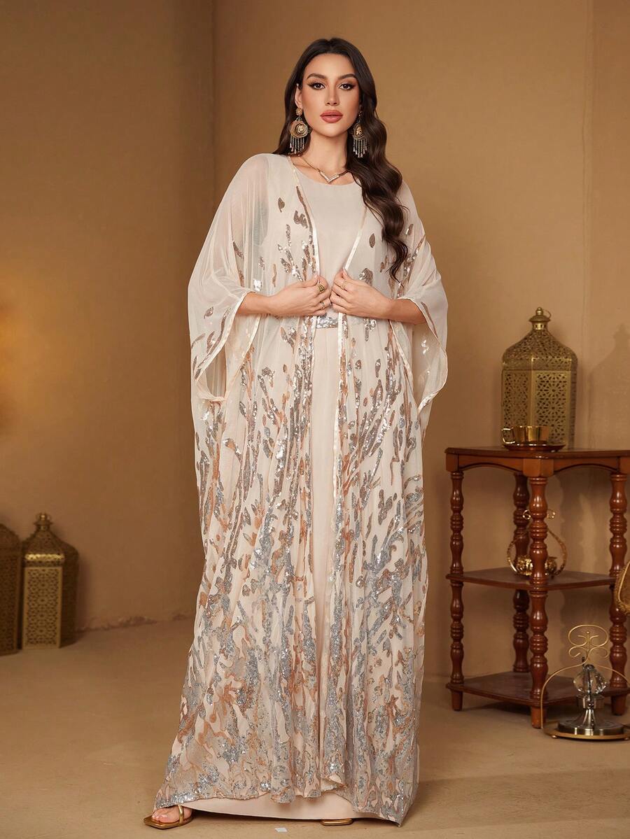 SUPGIR [Random Print] Women's Long Sleeve Sequin Patchwork Waist Tie Evening Dress - Champagne - View 1