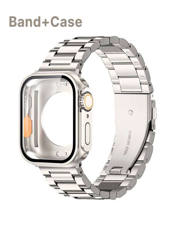 2pcs Stainless Steel Metal Apple Watch Band With Easy Detachable Adjustable Design, Compatible With Apple Watch Ultra 3 2 1 Series 10/S9/S8/S7/S6/S5/S4/S3/S2/S1, 38/40/41/42/44/45/46/49mm, Men & Women, With Hard PC Frame Full Protection, Anti-Scratch Anti-Collision, Screen Protector & Back Cover, Matching Ultra Appearance