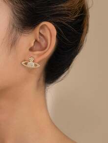 1 对不对称珐琅和珍珠不对称花朵耳钉，闪亮银色星星装饰优雅耳环，适合女士 - 銀色 - 查看 3