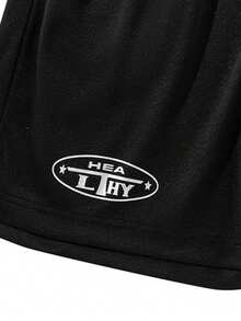 男士网眼透气字母印花沙滩短裤，Emo，2000 年代风格 - 黑色 - 查看 6