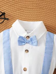 BrownBark 男婴绅士西装，短袖衬衫配蝴蝶结 + 条纹工装短裤，适合春夏季休闲、户外、派对、婚礼 - 白色 - 查看 4