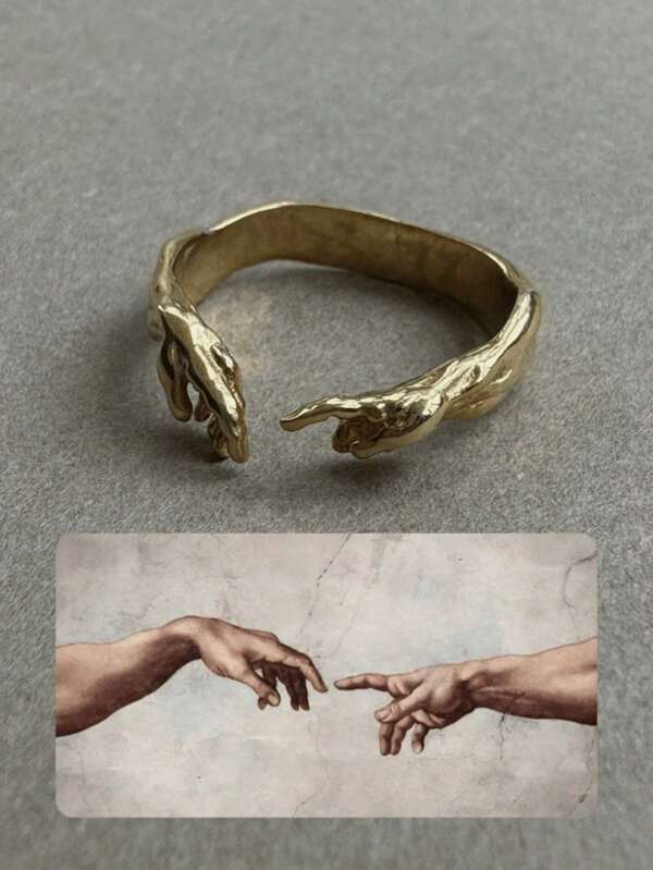 1 pièce Bague unique minimaliste "La main de Dieu donnant la vie à Adam" pour femmes et hommes. Bijou de mode, cadeau idéal, réglable