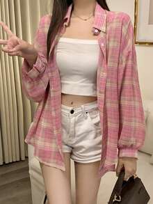 2025夏季新款格子衬衫女休闲宽松上衣上衣 - 粉色 - 查看 5