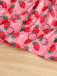 1pc Young Girl Countryside Strawberry Print Cap Sleeve Dress, Spring/Summer