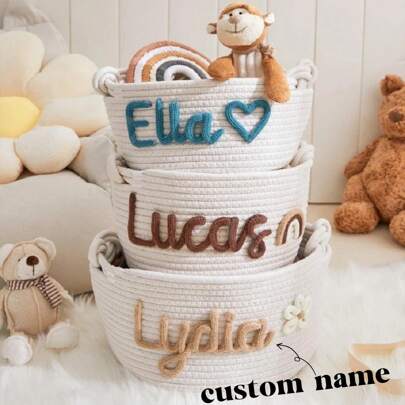Personalized Handmade Basket, Rope Basket As Baby Shower Gift, Doll Basket, Baby Name Letter Combination Gift, Children's Toys, Books, Plush Toys Storage, Multifunctional, Lightweight, Large Capacity, Cute, Minimalist, Solid Color, Customized, Ideal Gift For Kids, Friends, Family, White,Back To School Fashion,Christmas Gift