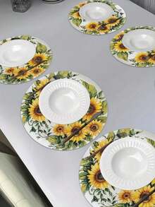 Set Alas Piring Bundar Motif Bunga Matahari 4/6 buah - Bahan Poliester-Linen Tahan Lama dan Mudah Dibersihkan, Sempurna untuk Dekorasi Restoran dan Dapur, Dekorasi Pesta Liburan, 38cm, Hadiah Kecil untuk Teman. - MultiWarna - View 3
