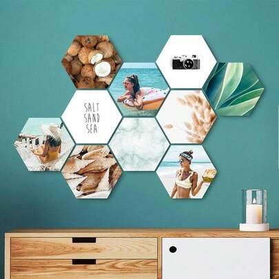 1/6/12pcs Kaket Custom Hexagon Photo Print Tiles - Acrylic Personalized Collage Wall Art, No Electricity Needed, Horizontal Indoor Wall Decor For Bedroom, Living Room - Valentine's Day, Mother's Day, Father's Day Gift For Family & Friends, Visually Appealing Layout, Decor Piece