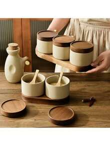 1pc/2pcs/3pcs Ceramic Seasoning Jars With Lids And Spoons, Kitchen Salt And Sugar Storage Canisters With Tray, Spice Bottles - Clay - View 4