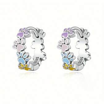 1pc Fashionable Colorful Paw Print 925 Silver Earrings, Cute Pet-Themed Earring Studs Suitable For Summer, Holiday, Daily, Party, Festival Gift