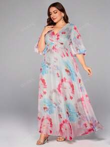 Vestito midi da donna taglie forti con scollo incrociato, stampa floreale casuale e grande, maniche a lanterna lunghe eleganti