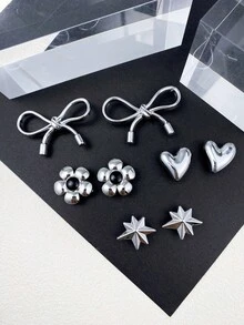 8 件时尚银色蝴蝶结、不对称心形和五瓣花 DIY 鞋夹、可拆卸鞋饰，适用于凉鞋、拖鞋、节日派对礼物 - 銀色 - 查看 5