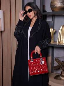 Modest Dubai Style Black Cardigan Abaya Dress With Rhinestone Embellishments, Fashion Open Front Long Robe - Black - View 6