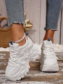 Zapatillas con plataforma gruesa para mujer, zapatos deportivos de estilo casual para uso en la oficina, para todas las estaciones - Blanco - Ver 3