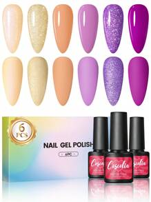 coscelia 6PCS Glitter Nail Gel Polish Set 7ML Pink Gold Purple Blue Grey Soak Off Gel Nail Polish Needed For Nail UV/LED Lamp, Long Lasting And Gloss Shine For All Seasons Women DIY Nail Art Salon At Home