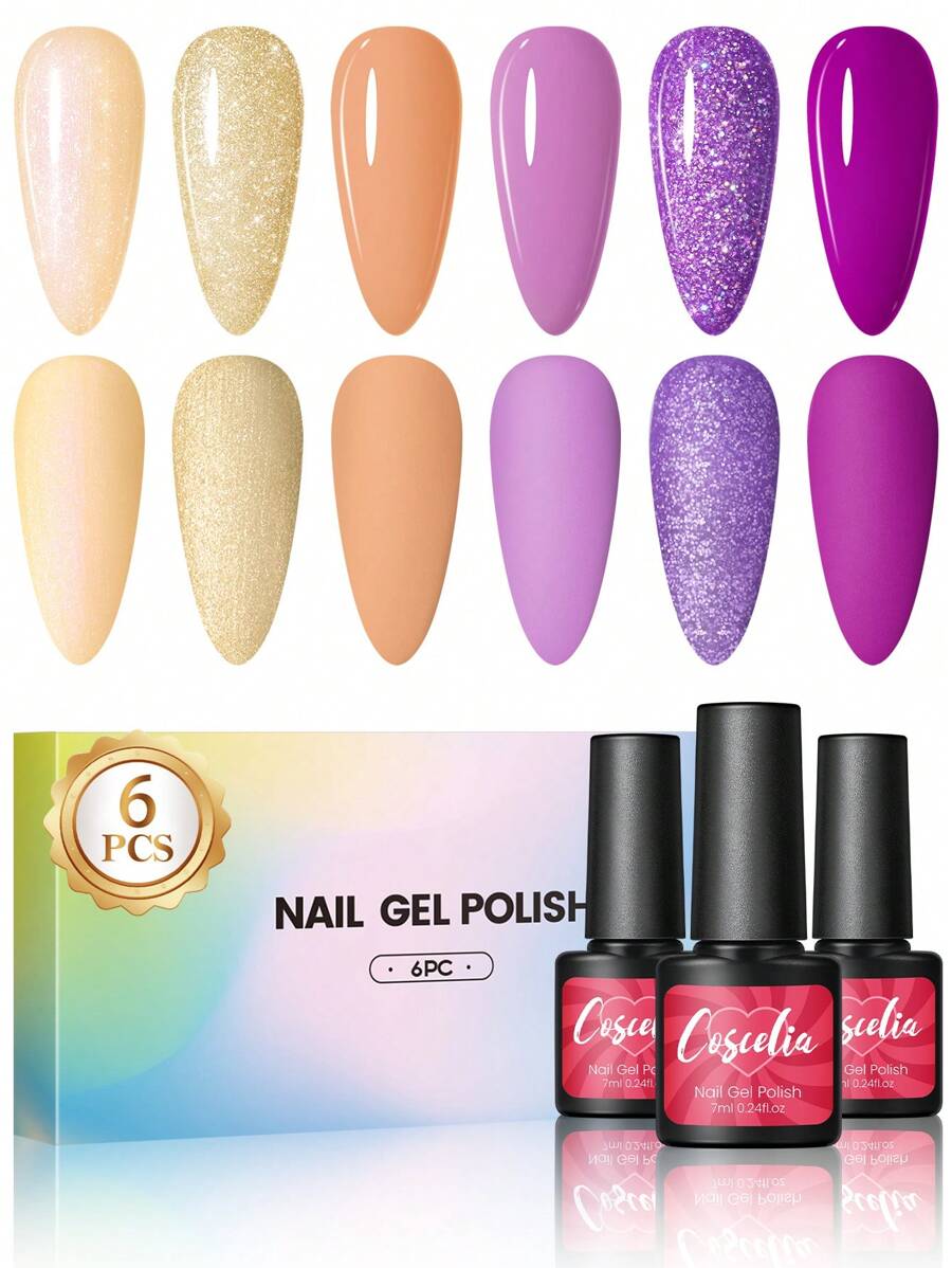 coscelia 6PCS Glitter Nail Gel Polish Set 7ML Pink Gold Purple Blue Grey Soak Off Gel Nail Polish Needed For Nail UV/LED Lamp, Long Lasting And Gloss Shine For All Seasons Women DIY Nail Art Salon At Home