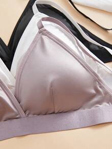 3PCS Women's Summer French Triangle Cup Silk Bra With No Underwire, Detachable Chest Pads, Adjustable Shoulder Straps, Casual Minimalist, Everyday Versatile Solid Color Deep V Bra - Multicolor - View 4