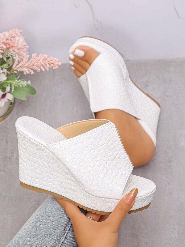 1 Pair Women Slip-On Wedge Sandals, Open Toe, Metallic Stone Patterned Leather, Lightweight, Non-Slip, Versatile For Beach Wear