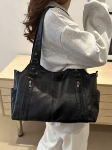 In 2025, The New Fashion Classic Joker Solid Color Large-Capacity Retro Pu Fabric Shoulder Tote Bag Is Suitable For Shopping.In 2025, The New Fashion Classic Joker Solid Color Large-Capacity Retro Pu Fabric Shoulder Tote Bag Is Suitable For Shopping., Fashionable Tote Bag With Zipper, Tote Bags For Ladies