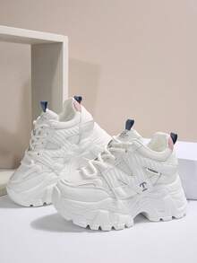 Zapatillas con plataforma gruesa para mujer, zapatos deportivos de estilo casual para uso en la oficina, para todas las estaciones - Blanco - Ver 6