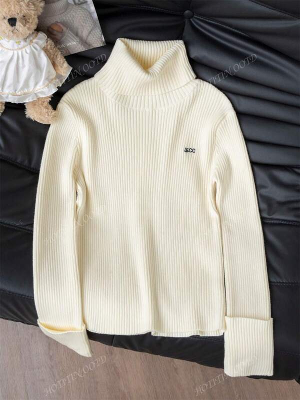 Women's Elegant High Neck Embroidery Texture Special Design Sweater, Apricot, Fitted Long Sleeve Knitted Top, Suitable For Commuting In Autumn/Winter