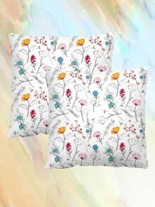 2pcs Ditsy Floral Pattern Decorative Throw Pillow Cases, Letter Print Square Pillowcase Without Filler, Cute Cushion Covers For Sofa, Living Room