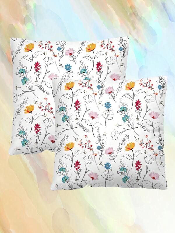 2pcs Ditsy Floral Pattern Decorative Throw Pillow Cases, Letter Print Square Pillowcase Without Filler, Cute Cushion Covers For Sofa, Living Room
