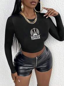 Boston Terrier Illustration Women's Fashion Long Sleeve Shirt - Black - View 1