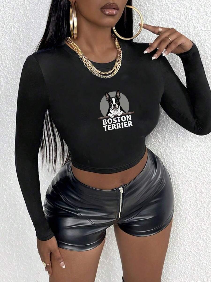 Boston Terrier Illustration Women's Fashion Long Sleeve Shirt - Black - View 1