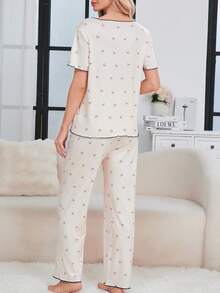 孕妇睡衣套装，简约 V 领，可爱樱桃印花，蝴蝶结细节孕妇休闲套装 - 彩色 - 查看 2