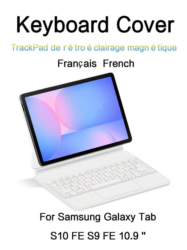 1 pieza Cubierta de teclado de libro blanco para Galaxy Tab S10 FE S9 Fe de 10.9 pulgadas X520 X526B X620N X626B, Estuche de teclado para tableta con retroiluminación magnética y trackpad en francés