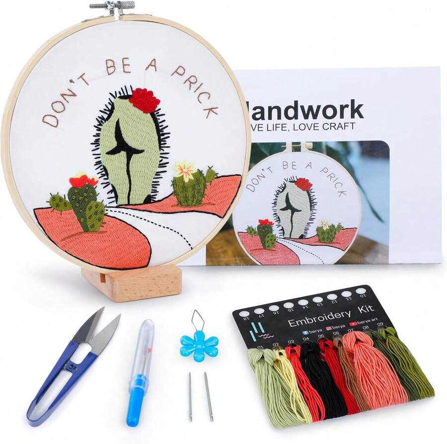 BERYA Embroidery Kit Including Embroidery Hoop,Color Threads And Embroidery Scissors For Beginners-Handmade Needlepoint Kits For Adults Kids - Cactus Barbed Light Green - View 1