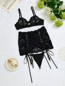 3pcs Women Sexy Lingerie Set: Contrast Lace Heart Hollow Bra + Contrast Lace Criss-Cross Garter Skirt + G-String Panty