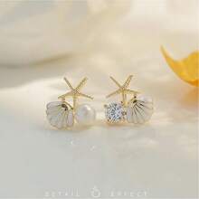 Boho Shell Earrings For Women,Asymmetry Exquisite Starfish Shell Earring Crystal Pearl Earring Beach Jewelry Gift - trắng - Xem 11